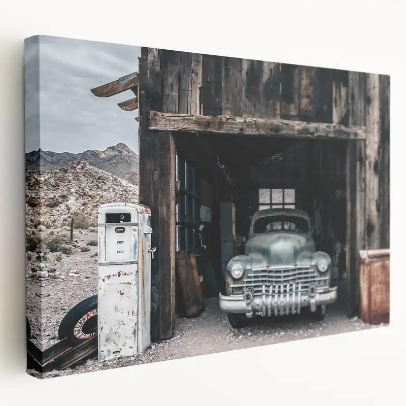 Rustic Garage with Vintage Car - Antique Car Wall Art for Retro Decor Luxury