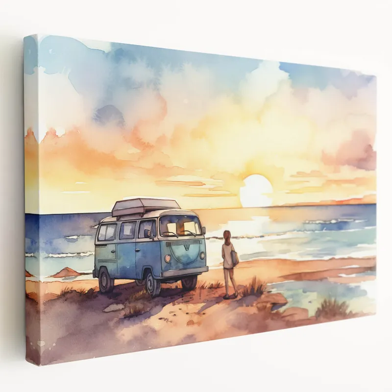 Buy Online Watercolor Beach Sunset with Camper - Serene Coastal Wall Art Print