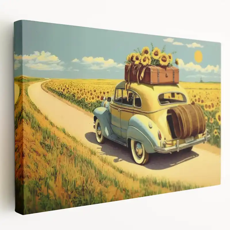 Luxury Vintage Road Trip Car in Sunflower Field - Nostalgic Travel Wall Art Print