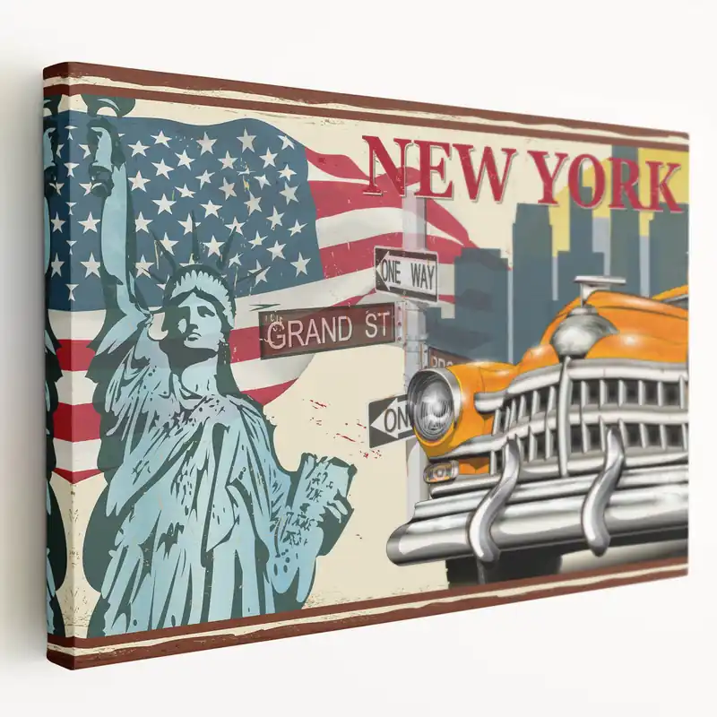 Vintage New York Taxi Poster - Iconic Taxi and Statue of Liberty Art Price Cut