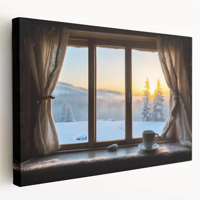 Cozy Winter Sunrise Through Window – Warm & Serene Canvas Wall Art Limited Edition