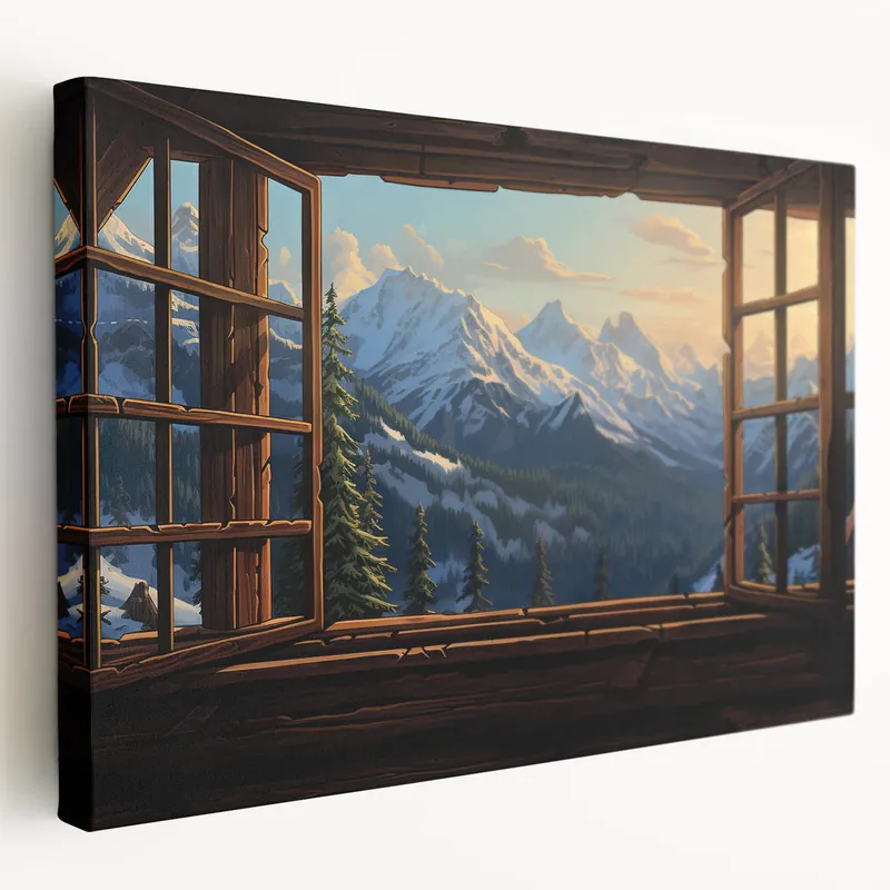 Brand New Mountain View Window Wall Art - Rustic Cabin Landscape Canvas Prints