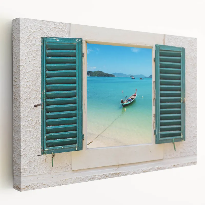 Shop Now Scenic Window Wall Art – Serene Boat & Ocean View Architectural Print