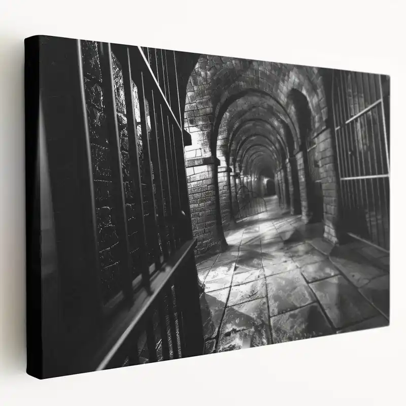Gothic Masonry Wall Art - Black & White Arched Corridor Canvas Print Must Have