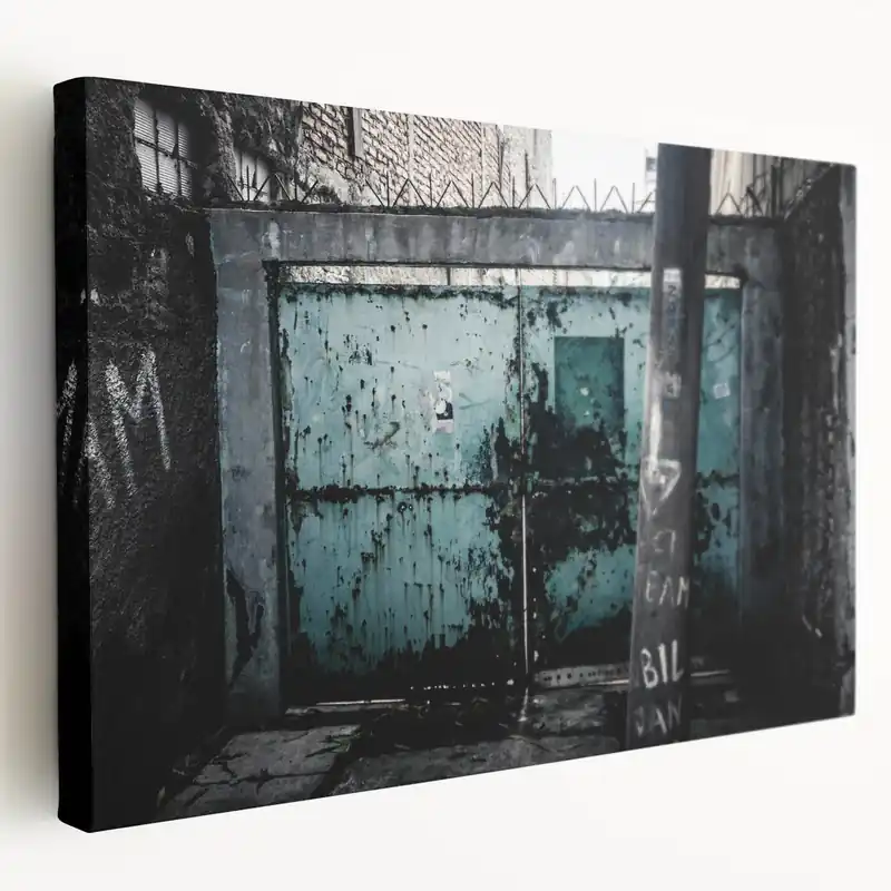 Last Chance Masonry Wall Art - Weathered Industrial Gate on Distressed Wall Canvas Print