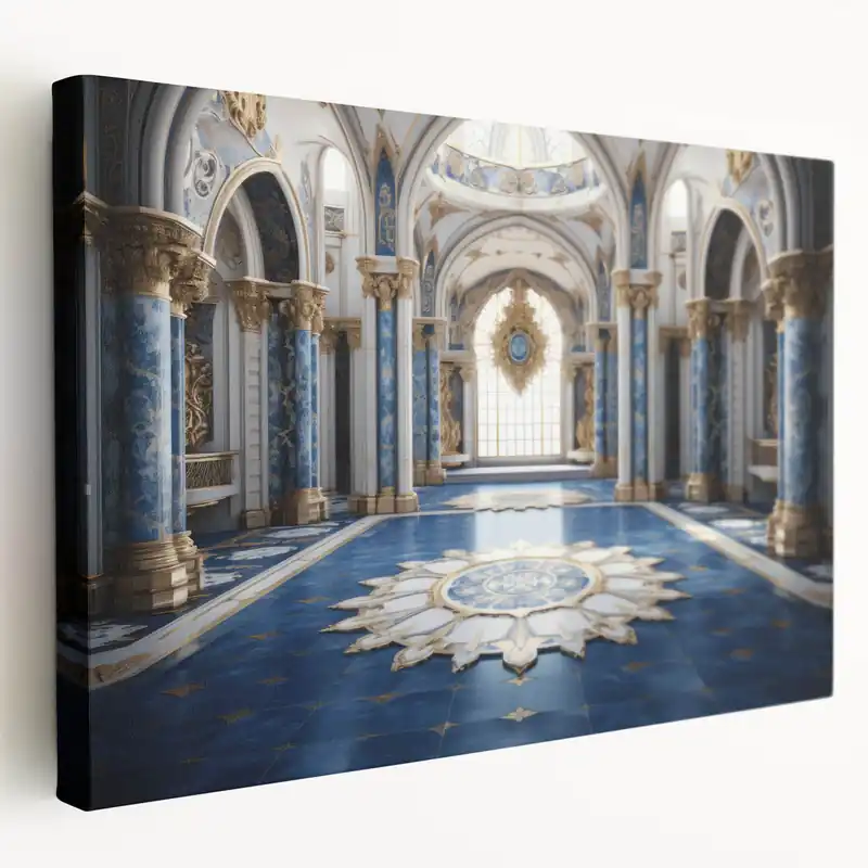 Royal Blue Palace Hall Art Print - Luxurious Architectural Decor Handmade