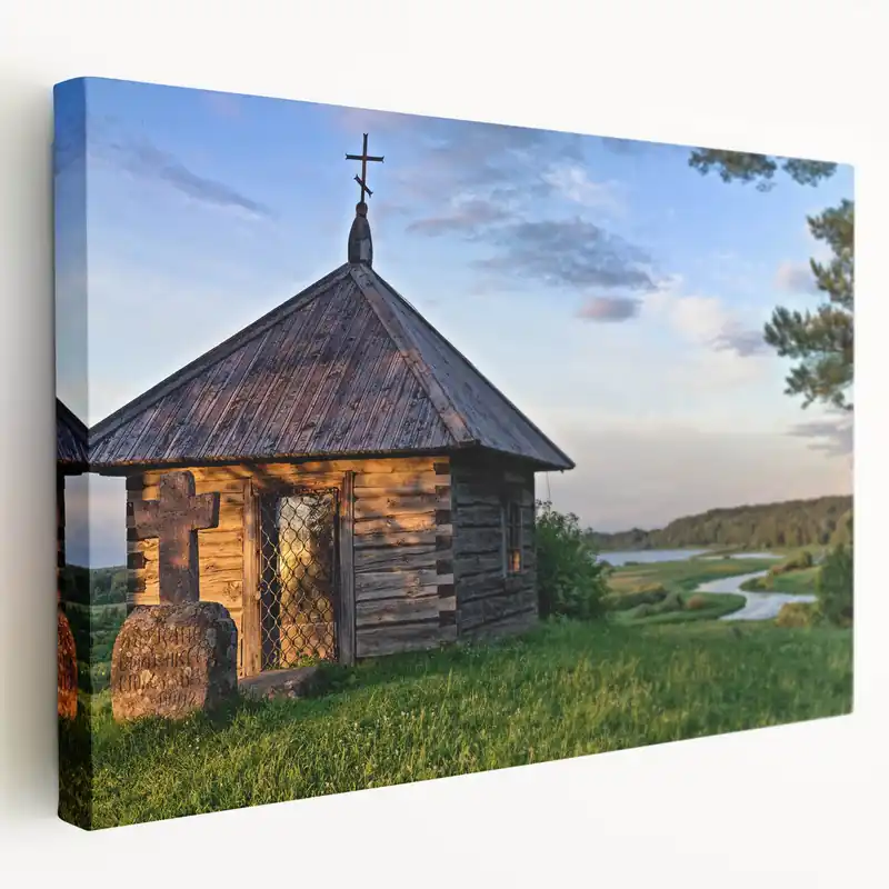 Serene Chapel by the River Wall Art - Rustic Landscape Canvas Print Fresh Stock