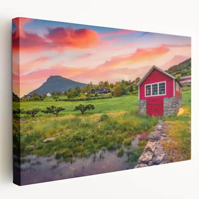 Vibrant Red House Wall Art - Scenic Landscape Canvas Print Latest
