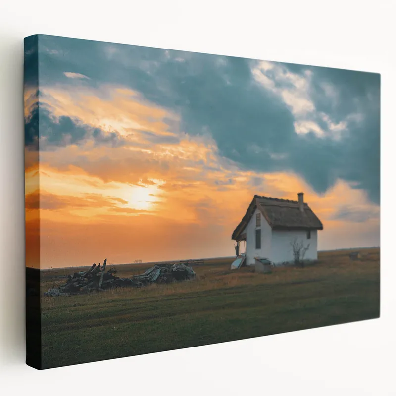 Brand New Charming House Wall Art - Rustic Sunset Scene Canvas Print
