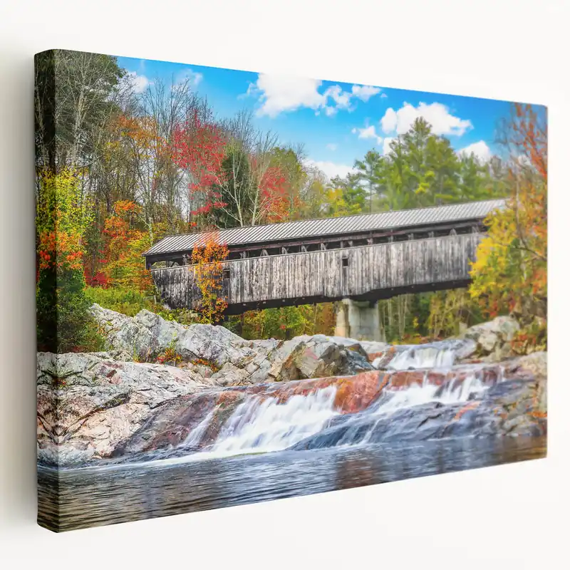 Waterfall Covered Bridge Wall Art – Scenic Landscape Canvas & Prints Today Only