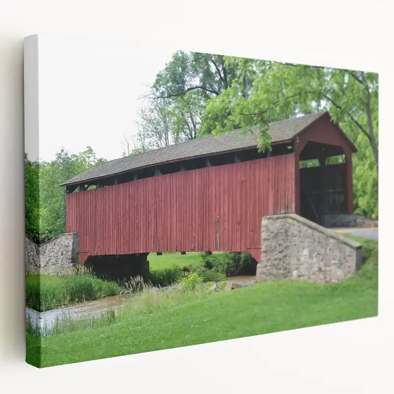 Rustic Red Covered Bridge Wall Art – Classic Architecture Canvas Prints No Minimum Order