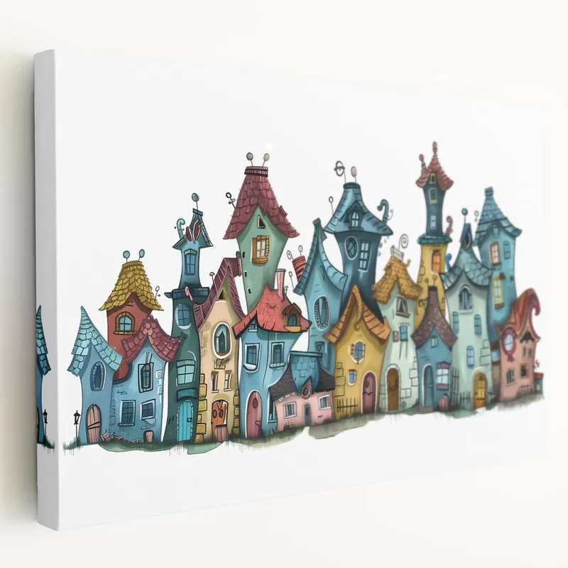 Whimsical Village Art - Playful Cottage Canvas Print Decor Instant Buy