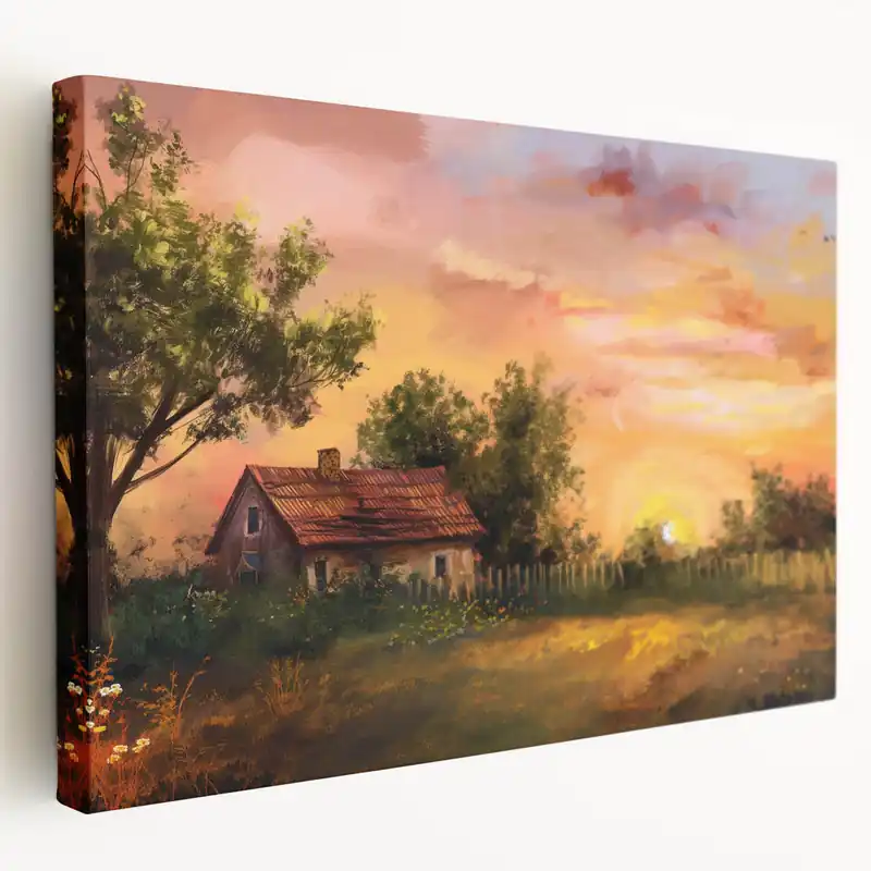 New Release Pastel Sunset Cottage Art - Rustic Countryside Canvas Print Decor