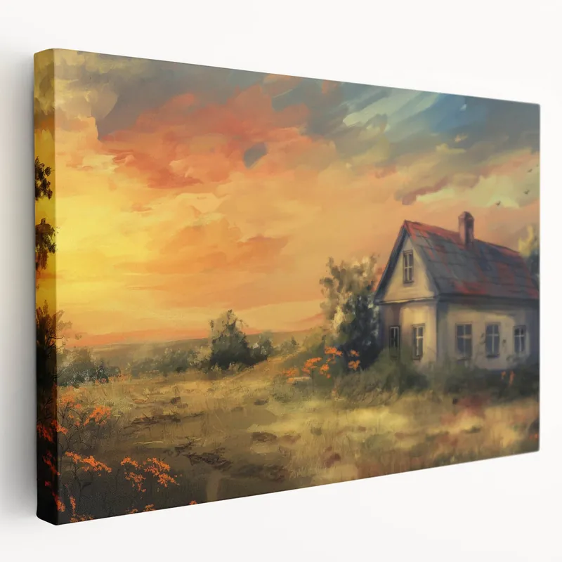 Sunset Cottage Wall Art - Rustic Countryside Canvas Print Decor Trending