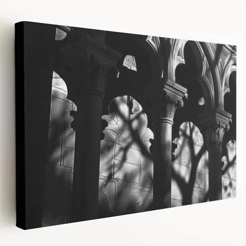 Discount Gothic Shadows Columns Art - Dramatic Black & White Canvas Print