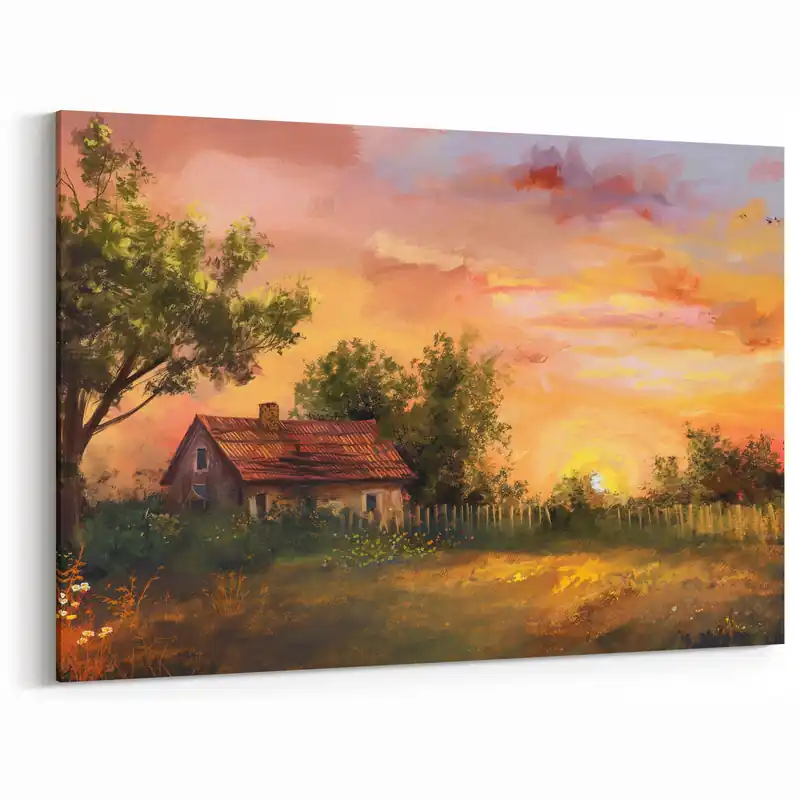Rustic Sunset Landscape Wall Art - Warm Autumn Glow Canvas Print Affordable