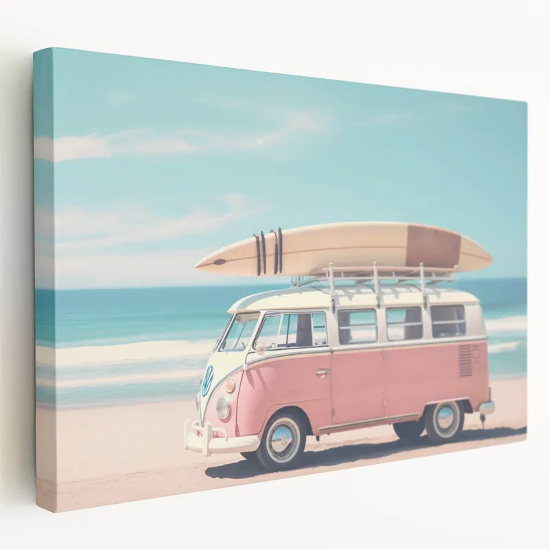 Discount Summer Vibes Prints - Vintage Surf Van on a Tropical Beach