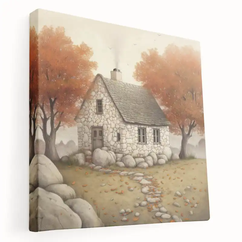 Autumn Cottage Wall Art - Cozy Stone House with Fall Foliage Decor Limited Time