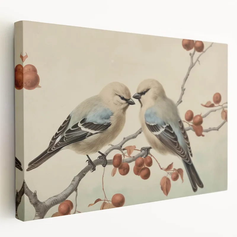 Vintage Animal Art: Birds on Branch Illustration Print Certified