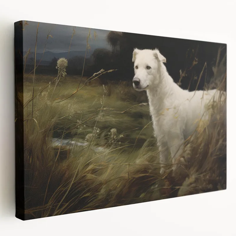 Vintage Animal Art: White Dog in Nature – Retro Wildlife Illustration Top Rated