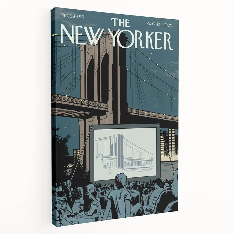Vintage New Yorker Poster - Outdoor Movie Night at Brooklyn Bridge Wall Art Print Next Day Delivery