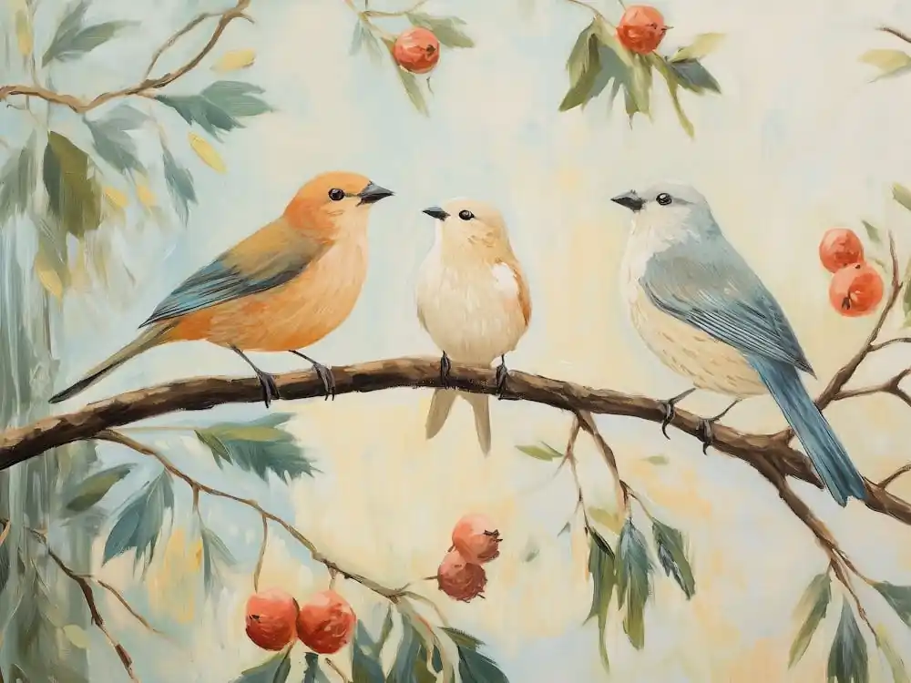 Birds On A Branch With Leaves And Red Fruits Deal