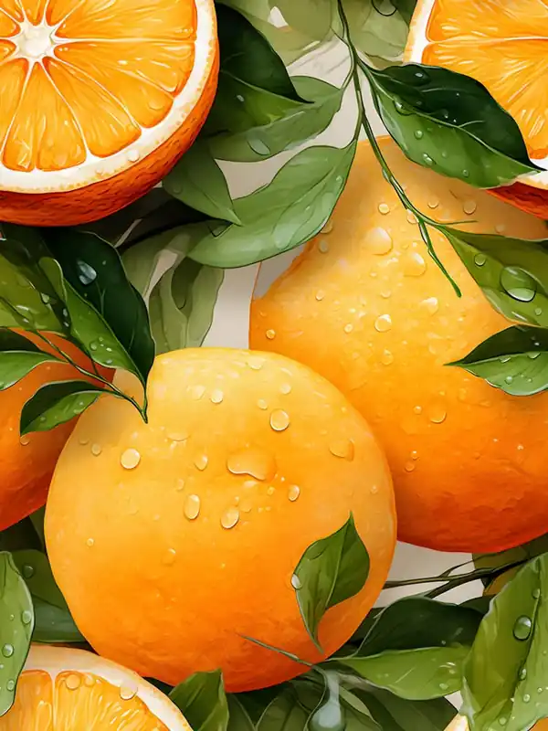 Vibrant Orange Fruit Illustration – Fresh Citrus Art With Dewy Leaves Super Sale