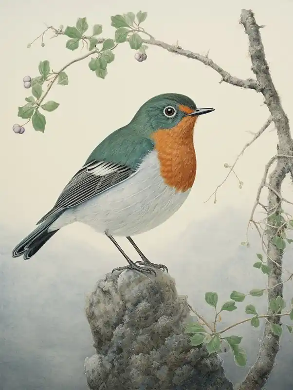 Ohara Koson Inspired Bird Painting European Robin 4 Don’t Miss Out