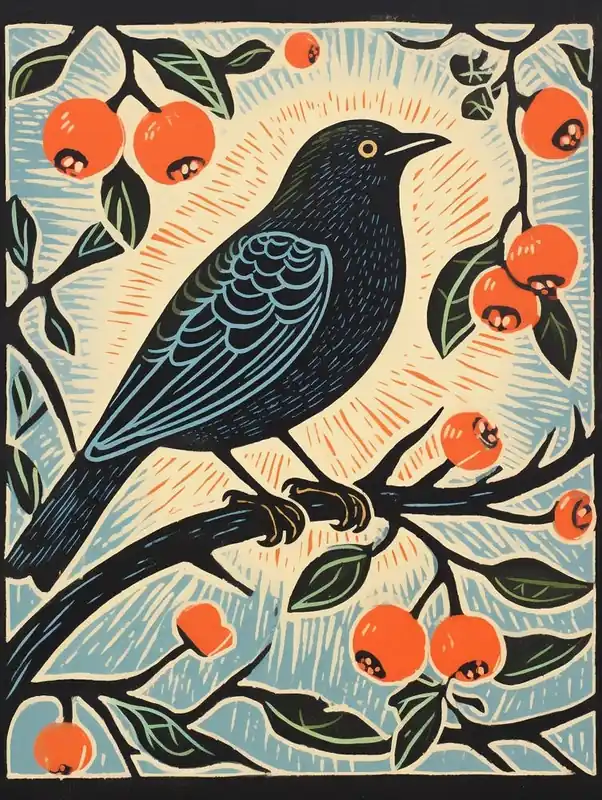 Vintage Bird Linocut Cowbird 6 Limited Offer