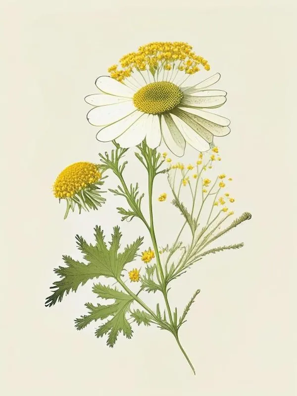 Luxury Feverfew Spices And Herbs Retro Drawing 1