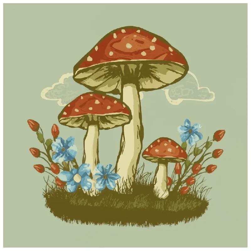 Seasonal Sale Mushrooms And Flowers, Vintage Americana, Retro Advertisements Style.
