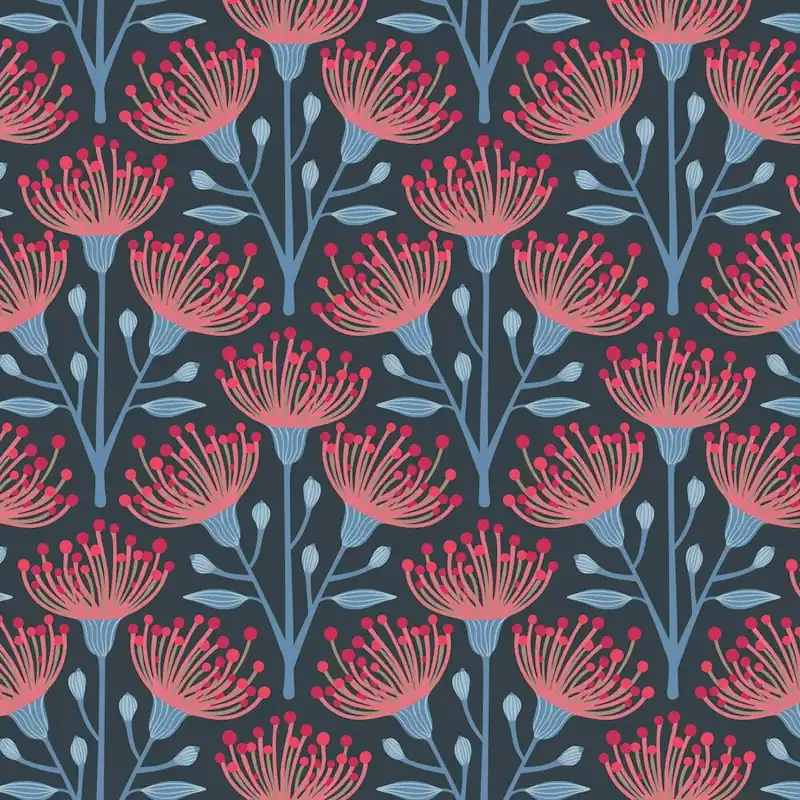 Exclusive Offer AUSTRALIAN EUCALYPTUS Floral in Deep Red Pink Light Blue on Navy Blue