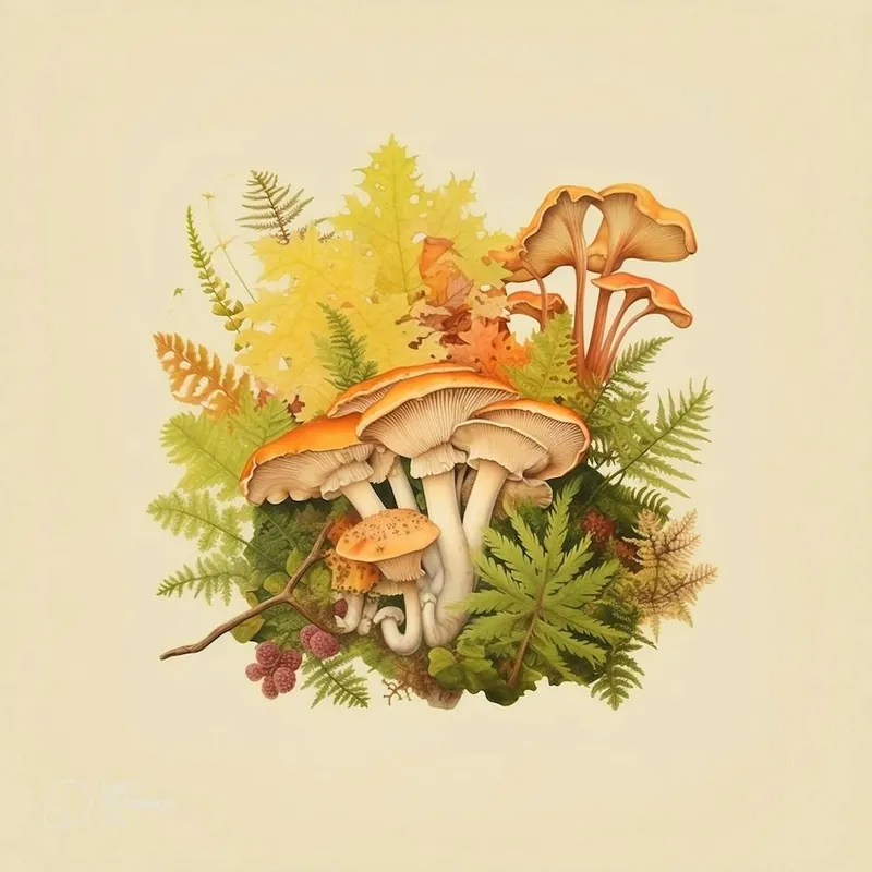 Low Price Chanterelles and ferns - mushroom art print - mushroom botanical print