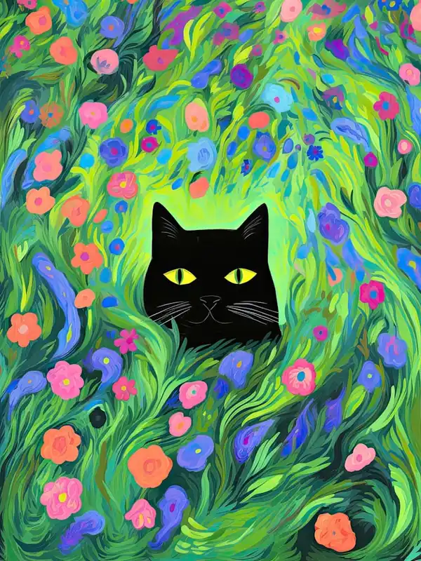 Black Cat In A Flower Field Irises Colourful Painting Get Yours