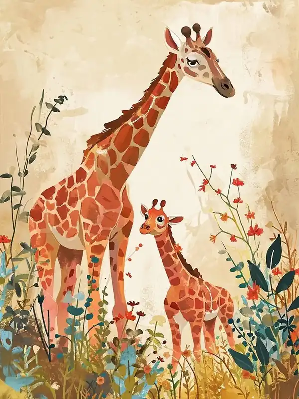 Mother Giraffe & Calf Colourful Illustration 2 Sale