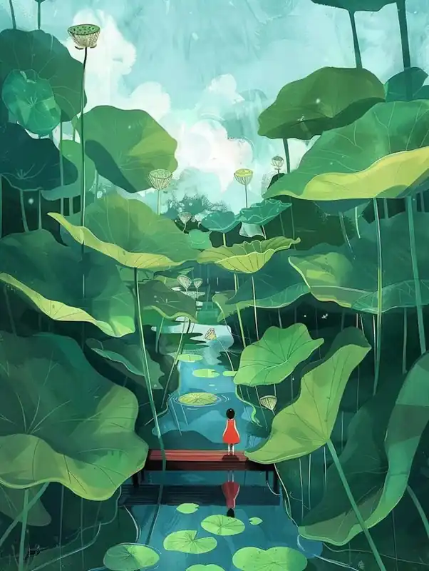 Best Choice A Lot Of Lotus Leaves Came Out Of The Water And A Little Girl In A Red Dress Walked On The Bridge Under The Big Lotus Leaves And Through The Water