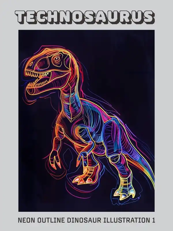 Neon Outline Dinosaur Illustration 1 Poster Popular