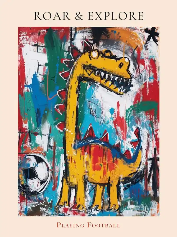 Dinosaur Playing Football Paint Splash Scribble 1 Poster Express Delivery