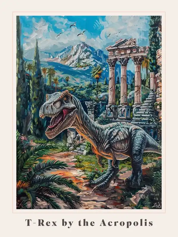 T Rex By The Acropolis Painting Poster Original