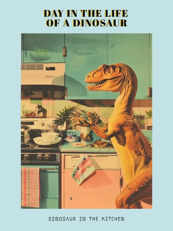 Final Sale Dinosaur In The Kitchen Retro Abstract Collage 3 Poster