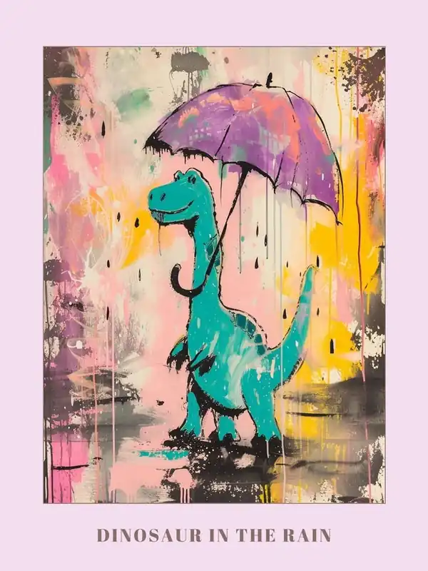 Save Now Dinosaur In The Rain Holding An Umbrella Teal Purple 2 Poster