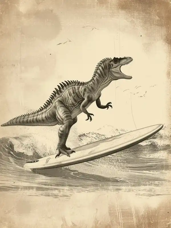 Viral Vintage Spinosaurus Dinosaur On A Surf Board 4