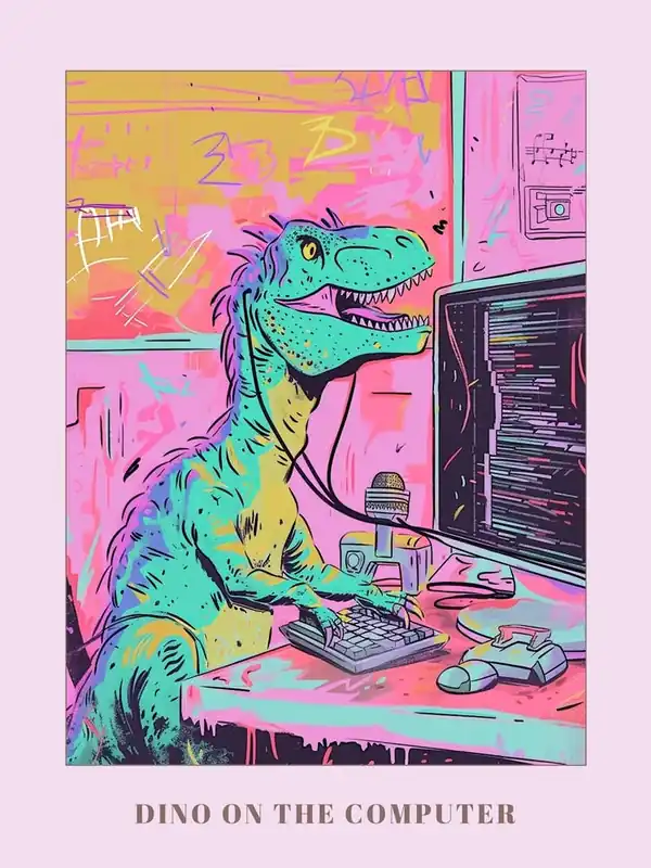 Exclusive Offer Dinosaur On The Computer Pastel Illustration Poster