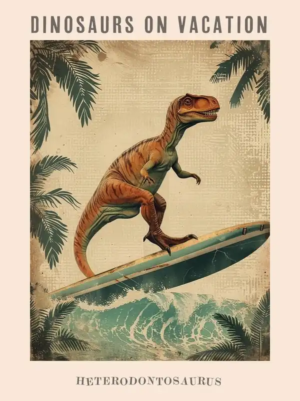 Vintage Heterodontosaurus Dinosaur On A Surf Board 2 Poster Handmade