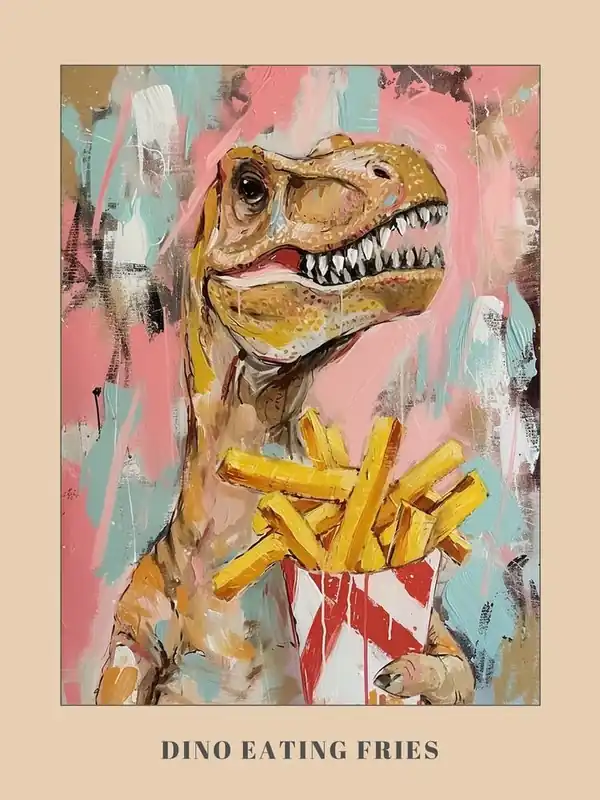 Price Drop Pastel Pink & Blue Dinosaur Eating Fries Poster