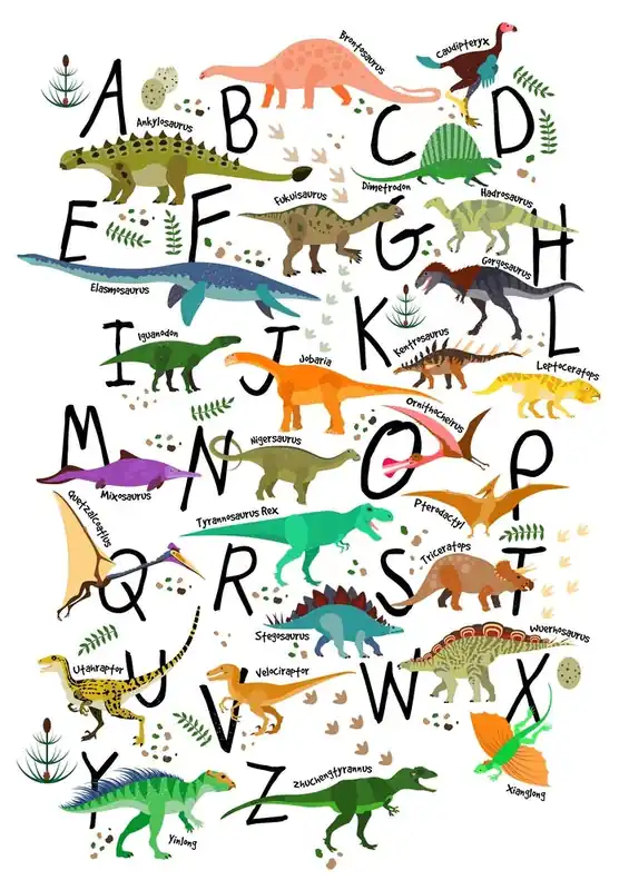 Modern Colourful Dinosaur Alphabet Nursery kids art print
