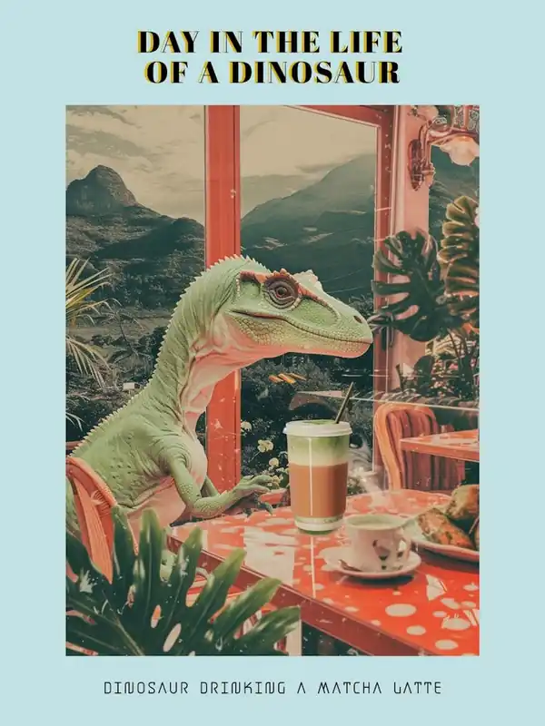 Dinosaur Drinking A Matcha Latte Retro Abstract Collage 1 Poster Free Returns
