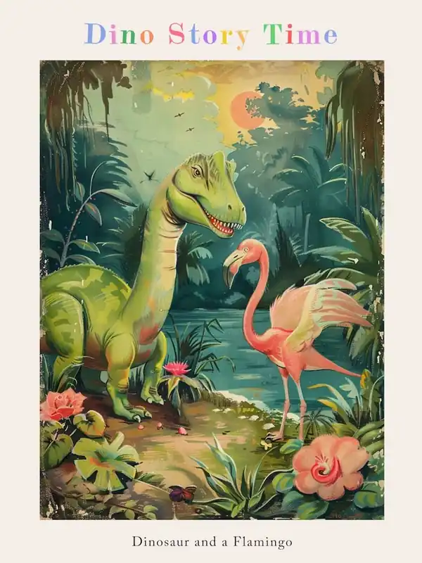 Dinosaur & Flamingo Vintage Storybook Painting Poster Crafted