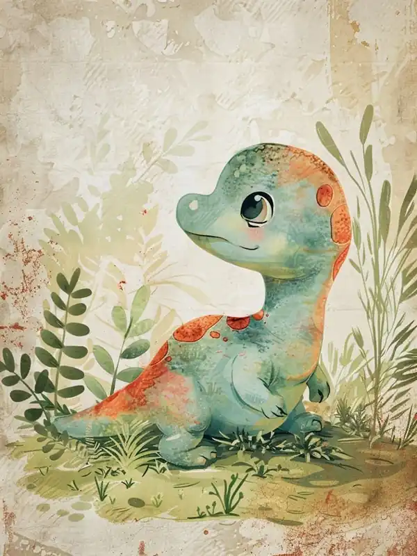 Cute Storybook Dinosaur In The Leaves Painting 2 Same Day Shipping