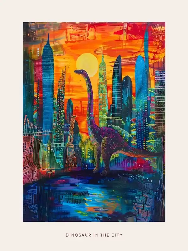 Clearance Colourful Dinosaur Cityscape Painting 8 Poster